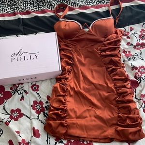 Oh Polly 
Catch A Glimpse Embellished Ruched Satin Mini Dress in Bronze.